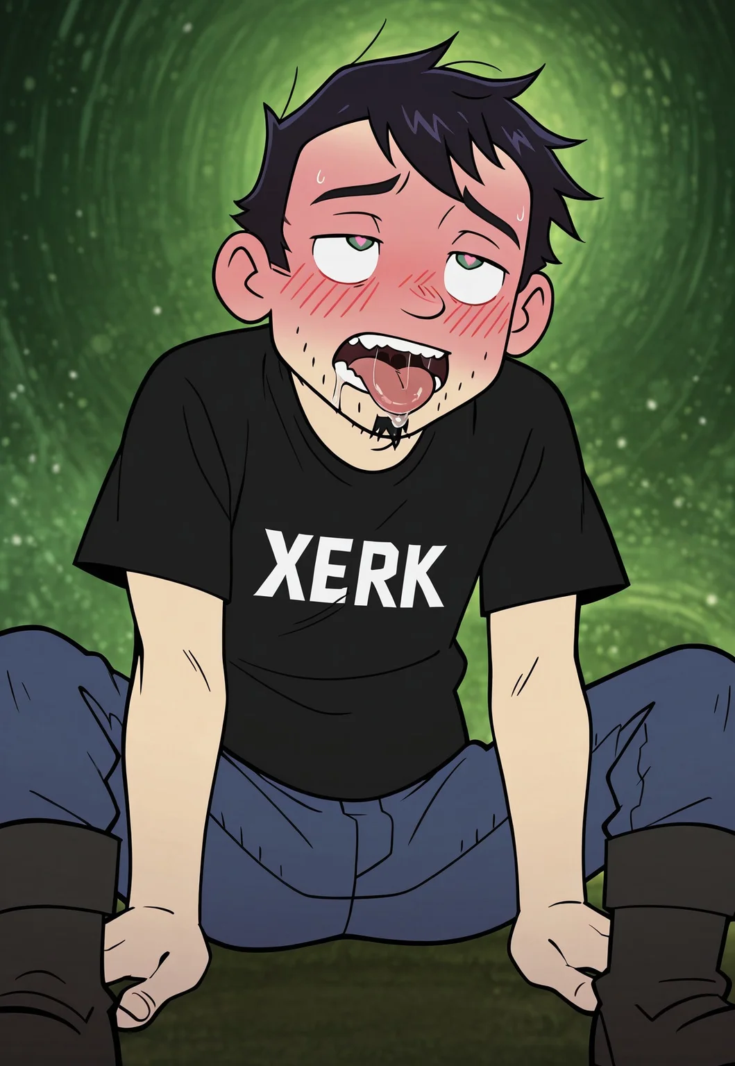 masterpiece, best quality, amazing quality, detailed background, intricate details, dynamic, cinematic, cartoon, anime, cartoon shading, solo, male focus, source_anime,high resolution, newest, depth of field, bara, yaoi, perfect face, 1boy, d4n, green eyes, black hair, messy hair, soul patch, stubble, jerk t-shirt, black t-shirt, blue jeans, black boots, eye roll, heart shaped pupils, ikigao, tongue put, saliva, blushing, dark green background, abstract background, dutch angle