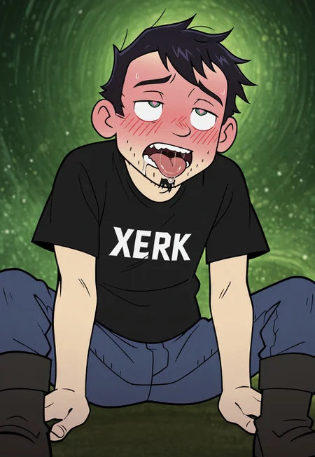 masterpiece, best quality, amazing quality, detailed background, intricate details, dynamic, cinematic, cartoon, anime, cartoon shading, solo, male focus, source_anime,high resolution, newest, depth of field, bara, yaoi, perfect face, 1boy, d4n, green eyes, black hair, messy hair, soul patch, stubble, jerk t-shirt, black t-shirt, blue jeans, black boots, eye roll, heart shaped pupils, ikigao, tongue put, saliva, blushing, dark green background, abstract background, dutch angle