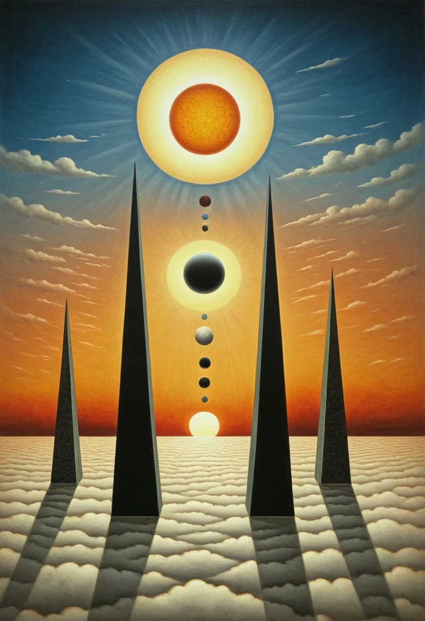 Futuristic Citadels Above the Clouds
:
Smooth, chrome-like towers pierce a sea of dawn mists. Warm sunrise hues dust the reflective surfaces of the buildings, melding sci-fi geometry with serene fog. Jupiter, Saturn, and Mercury align in an eclipse of the sun. The time of reckoning is upon us.
Style tags: Surrealist art, Rafal Olbinski, René Magritte, Jean Arp, Frida Kahlo, Jan van Eyck, William Hogarth, Pierre-Auguste Renoir, Xidong Luo, Kazimir Malevich, nvcmsdx, dunn, traditional media, abstract, painting (medium),