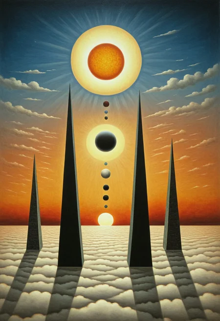 Futuristic Citadels Above the Clouds
:
Smooth, chrome-like towers pierce a sea of dawn mists. Warm sunrise hues dust the reflective surfaces of the buildings, melding sci-fi geometry with serene fog. Jupiter, Saturn, and Mercury align in an eclipse of the sun. The time of reckoning is upon us.
Style tags: Surrealist art, Rafal Olbinski, René Magritte, Jean Arp, Frida Kahlo, Jan van Eyck, William Hogarth, Pierre-Auguste Renoir, Xidong Luo, Kazimir Malevich, nvcmsdx, dunn, traditional media, abstract, painting (medium),