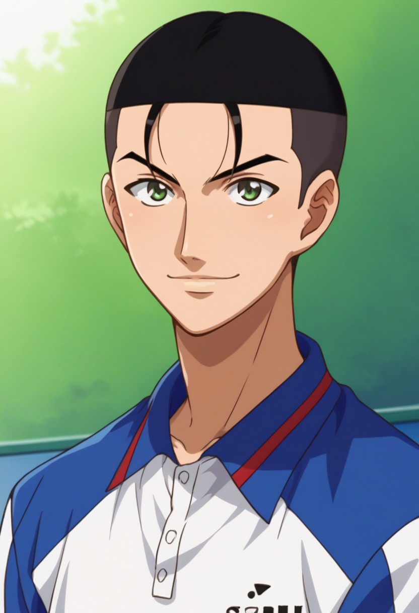 score_9, score_8_up, score_7_up, source_anime, highly detailed, 
shuichiro, 1boy, male focus, solo, black hair, very short hair, green eyes, sportwear, green eyes, tennis uniform,
polo shirt, white shirt, blue shirt, smile
outdoor,