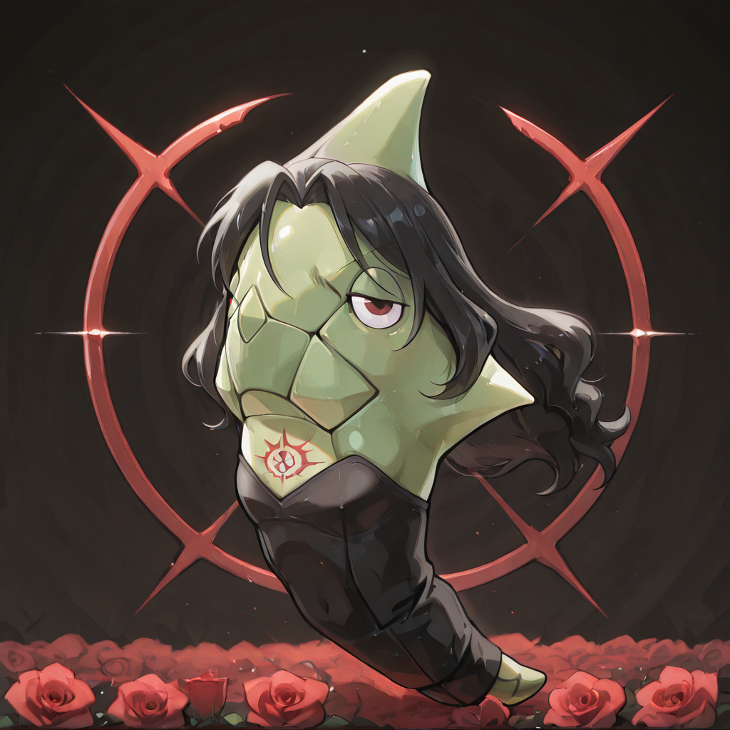 green metapod, full body, slightly turned, front view, no hands, no arms, no legs, no feet, no shoulders, dorsal fin, Lust in Fullmetal Alchemist, Rasuto, wavy lower-back (black hair:1.01), black dress, a form-fitting black dress with a low backside and no straps, black strapless dress, Ouroboros mark, red tattoo, lipstick, narrow mauve eyes, looking at viewer, grin, anime, artwork, Fullmetal Alchemist, dark background of red rose, red rose made of gem