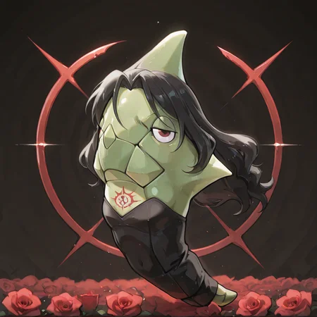 green metapod, full body, slightly turned, front view, no hands, no arms, no legs, no feet, no shoulders, dorsal fin, Lust in Fullmetal Alchemist, Rasuto, wavy lower-back (black hair:1.01), black dress, a form-fitting black dress with a low backside and no straps, black strapless dress, Ouroboros mark, red tattoo, lipstick, narrow mauve eyes, looking at viewer, grin, anime, artwork, Fullmetal Alchemist, dark background of red rose, red rose made of gem