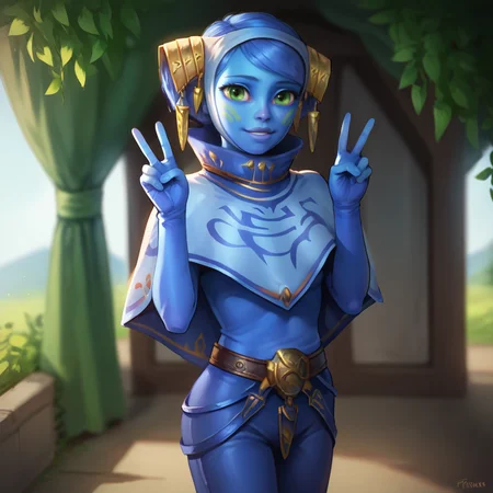 score_9_up, score_8_up, BREAK, RiyoChuchi, 1girl, solo, blue hair, green eyes, colored skin, blue skin, capelet, pants, cowboy shot, double v,  <lora:RiyoChuchi_PXL_Leaf1:1>, depth of field, looking at viewer,