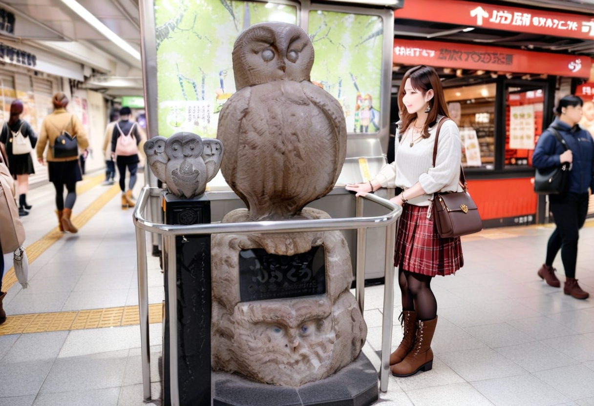 masterpiece, best quality, very aesthetic, absurdres,
ikefukurou, statue, owl, jewelry, pantyhose, skirt, realistic, necklace, bag, bracelet, real world location, brown hair, boots, plaid skirt, handbag, plaid, photo background, solo focus, long hair, tiles, tile floor
 <lora:ikefukurou_SDXL_V1:1>