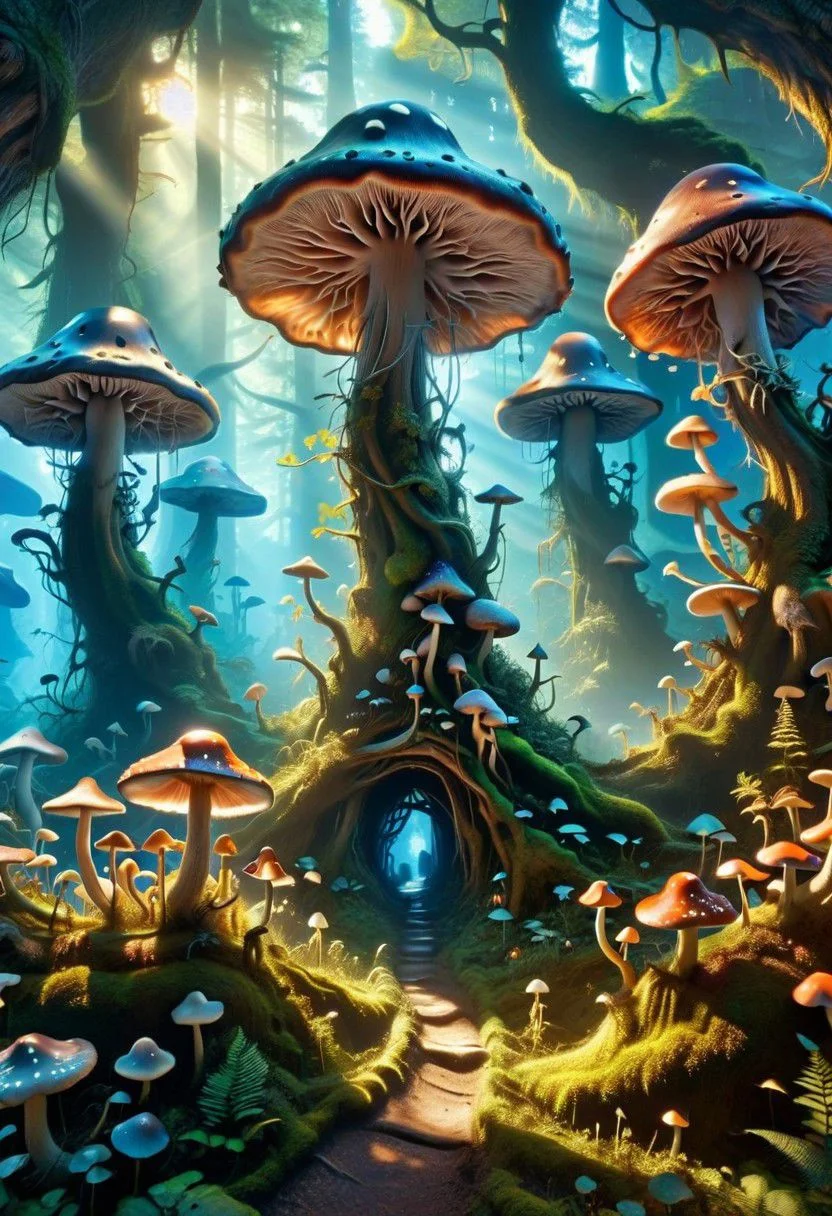 Surreal wonderland: A labyrinthine network of towering mushrooms, each adorned with intricate carvings and glowing fungi. Bioluminescent creatures flit among the vibrant flora, casting ethereal shadows on the forest floor. tiny silhouettes from people showing how big the mushrooms are, By Hans-Werner Sahm and Marc Adamus. 64K, UHD, HDR, octane render, depth by atmosphere, vivid color palette., depth by atmosphere, dynamic lighting.