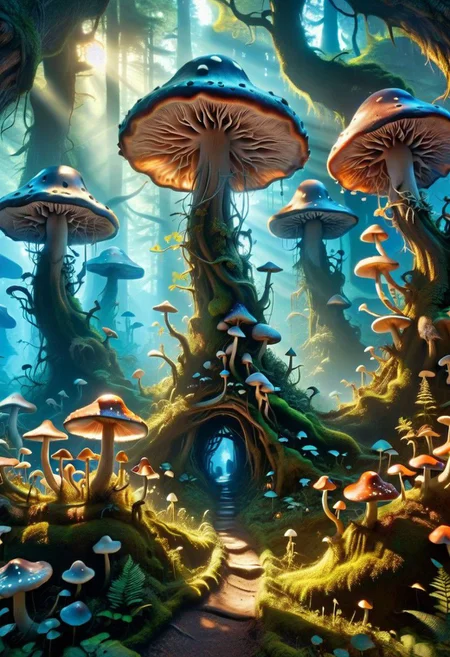 Surreal wonderland: A labyrinthine network of towering mushrooms, each adorned with intricate carvings and glowing fungi. Bioluminescent creatures flit among the vibrant flora, casting ethereal shadows on the forest floor. tiny silhouettes from people showing how big the mushrooms are, By Hans-Werner Sahm and Marc Adamus. 64K, UHD, HDR, octane render, depth by atmosphere, vivid color palette., depth by atmosphere, dynamic lighting.