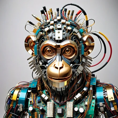 monkey made out of transistors , looks beautiful and aesthetic, colorful background <lora:TransistorsXL_LoRA:1>