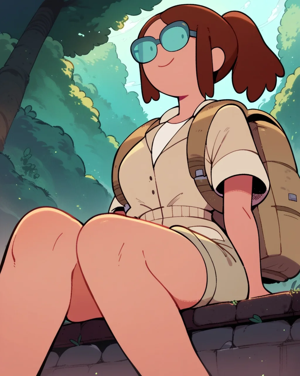 score_9, score_8_up, score_7_up, score_6_up, 1girl, solo, Betty, glasses, dot eyes, brown hair, ponytail, backpack, beige jacket, short sleeves, shorts, thighs, looking at viewer, sitting, smile, from below, dynamic angle, detailed background, outdoors, forest, <lora:Betty_PDXL:1>