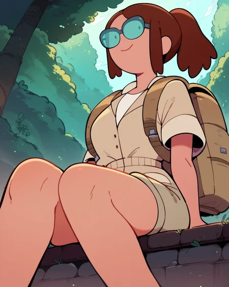 score_9, score_8_up, score_7_up, score_6_up, 1girl, solo, Betty, glasses, dot eyes, brown hair, ponytail, backpack, beige jacket, short sleeves, shorts, thighs, looking at viewer, sitting, smile, from below, dynamic angle, detailed background, outdoors, forest, <lora:Betty_PDXL:1>
