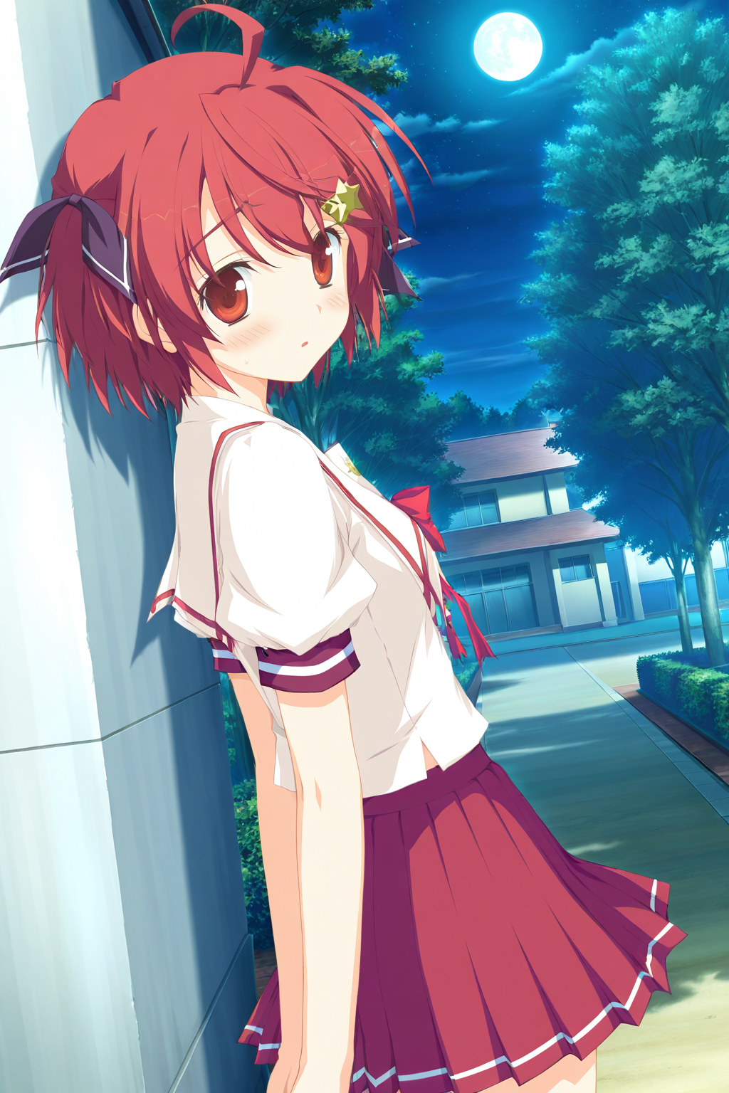 masterpiece,best quality,good quality,rating safe,memorialmiyahoshi,minahoshi asuho,hoshizora_no_memoria,game cg coloring,1girl,solo,red hair,short hair,red eyes,ahoge,hair ornament,star ornament,ribbon,school uniform,skirt,game cg,standing,looking at viewer,outdoor,blush,upper body,from side,moonlight
