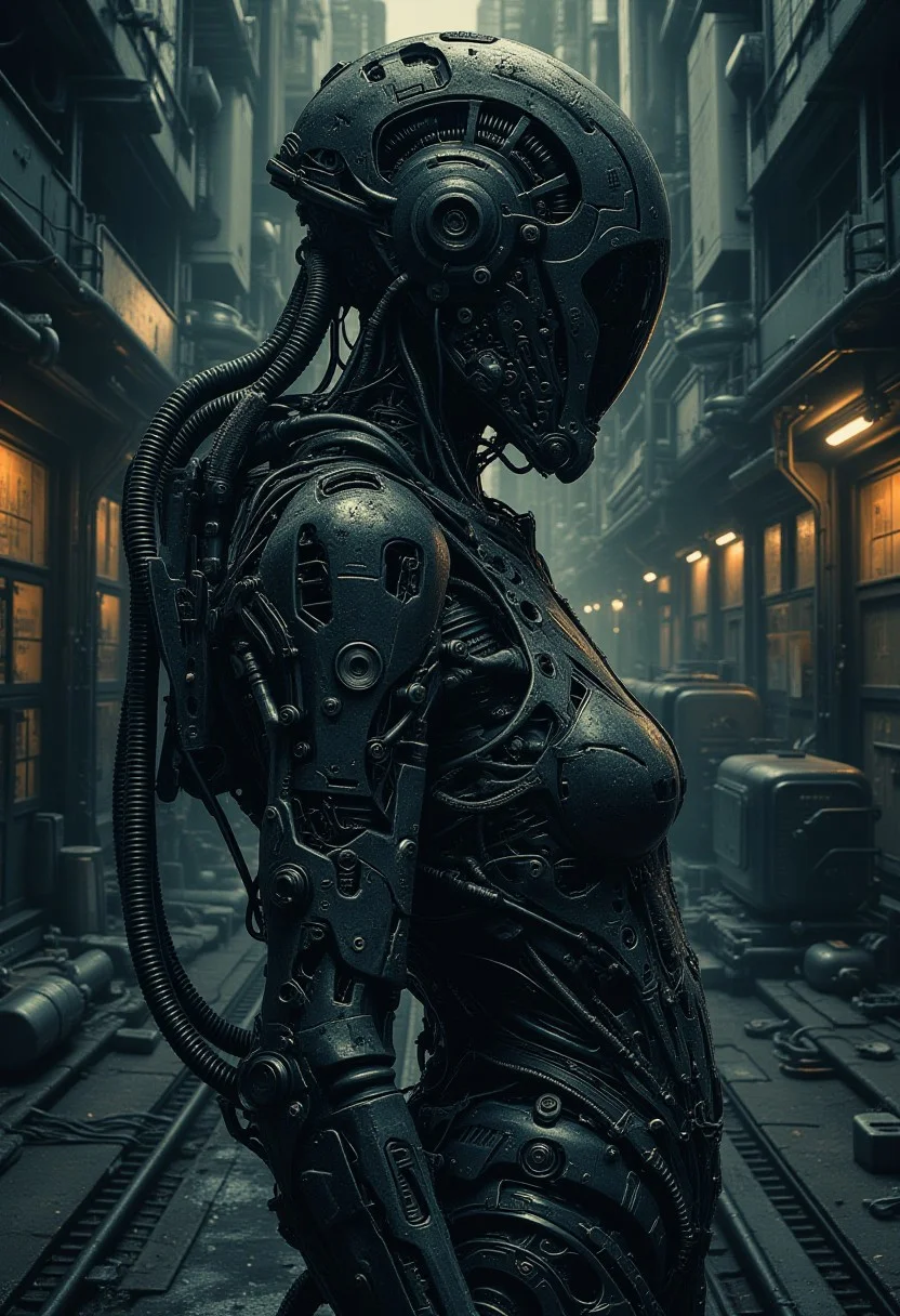 YFG-Zaat, Realistic Photography, female cyborg in a cyberpunk city alley at night, Cyber-Samurai, high action pose, highly detailed, reflective armor, shadows, otherworldly, interesting color pallet, Stunning visuals, Texture