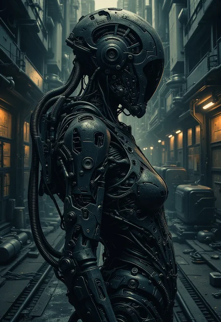 YFG-Zaat, Realistic Photography, female cyborg in a cyberpunk city alley at night, Cyber-Samurai, high action pose, highly detailed, reflective armor, shadows, otherworldly, interesting color pallet, Stunning visuals, Texture