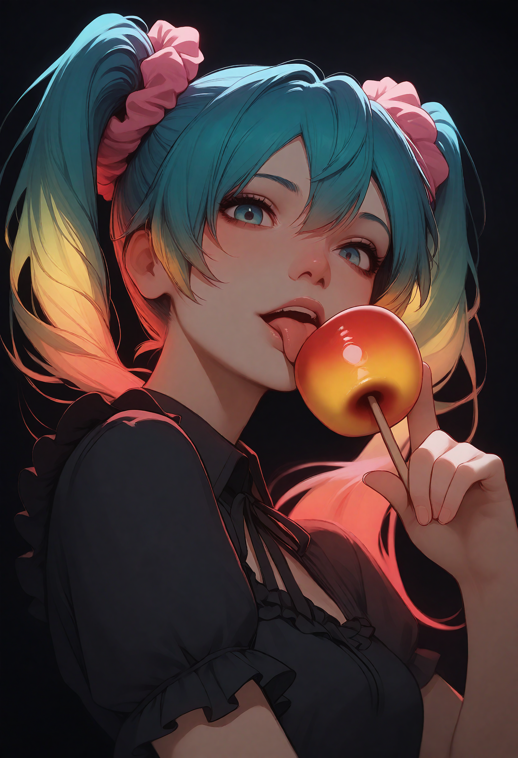 score_9, score_8_up, score_7_up, score_6_up, score_5_up, score_4_up, hatsune miku, pink scrunchie,hair scrunchie, (licking:0.8), black nightgown, frills, short sleeves, holding candy apple, glowing candy apple, black background, colorful, glowing hair, looking at viewer, portrait, from side