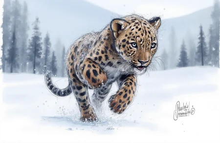 Sharp image of a rough sketch, rendered in vibrant multi colour ballpoint pen, capturing the adorable features of a close-up of a black leopard cub running in the snow. The cub is in mid-stride, with its body slightly turned to the side and its tail curled around its body. Its fur is covered in snowflakes, and its eyes are focused intently on something in the distance. The background is blurred, but it appears to be a snowy landscape with trees and mountains in the background. The overall mood of the image is cold and wintery. p3nsk, <lora:p3nsk:1>