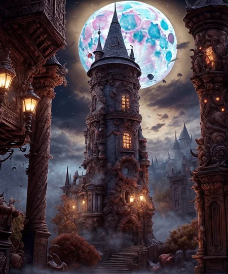 RAW photo, (masterpiece:1.3), subsurface scattering, heavy shadow, (high quality:1.4), (intricate, high detail:1.2), professional photography, HDR, High Dynamic Range, realistic, ultra realistic, photorealistic, high resolution, film photography, ambient lighting, atmospheric effects, <lora:detail_slider_v4:2>, OverallDetail, witow, a dark gothic wizard tower in a sinister city, moon, clouds, fog, <lora:Wizard_Tower-10:1>, epiCPhoto