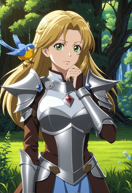 krystal_boyd,<lora:lycoSDXL\krystal_boyd_sdxl_50.safetensors:1.0>,
anime screencap, beautiful detailed anime girl, dark forest background, intense gaze, wind blowing through hair, dynamic lighting, dramatic pose, armor, fantasy setting, intricate details.
Chiaroscuro lighting – Strong contrasts between light and dark, creating a dramatic effect.Brightly colored birds perched on branches – Brings in elements of wildlife and sound.A small clearing with soft, green grass – Provides a focal point within the dense forest.One hand touching the chin, in a thoughtful or contemplative pose