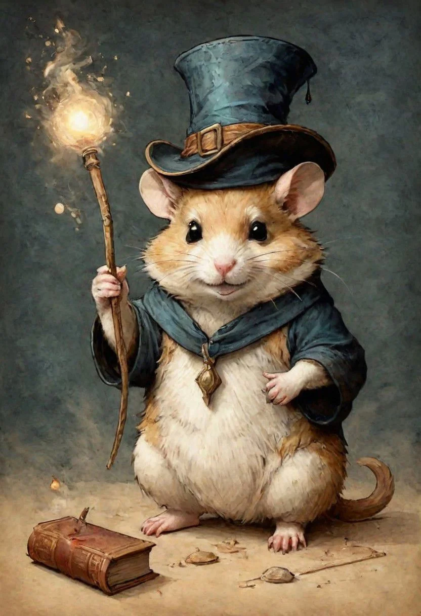 old book style ink illustration, on parchment, ink splashes, ink stains, ink smears, faded ink, chubby Dzungarian hamster in an adventurer's hat, (in the form of a gryphendor, conjures, does magic, holds a magic wand in his paws, magical sparks, magic), view from below, atmospheric dreamscape painting, dream scenery art, highly detailed visionary art, cgi style, vibrant oil painting, splash art, Cozy mystery, masterpiece 8k wallpapper, neoplasticism, Unreal Engine, dramatic lighting, coat, pantless, linquivera, liiv1, on parchment