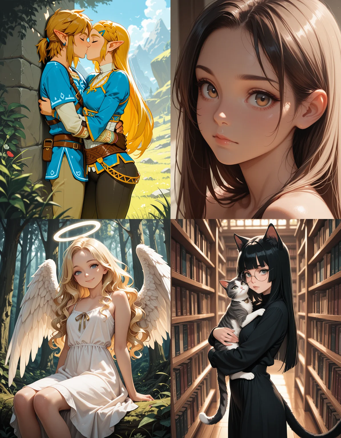 https://civitai.com/articles/8642 __ 1st image: masterpiece, best quality, 1girl, 1boy, princess zelda, the legend of zelda: breath of the wild, standing, kiss, hug, closed eyes, outdoors __ 2nd image: masterpiece, best quality, 1girl, face, portrait, looking at viewer, closed mouth __ 3rd image: masterpiece, best quality, 1girl, solo, blonde hair, wavy hair, angel, angel wings, halo, smile, sitting, forest, white dress __ 4th Image: masterpiece, best quality, 1girl, solo, long hair, black hair, blunt bangs, straight hair, round eyewear, cat girl, cat ears, cat tail, standing, hug, cat, looking at viewer, library