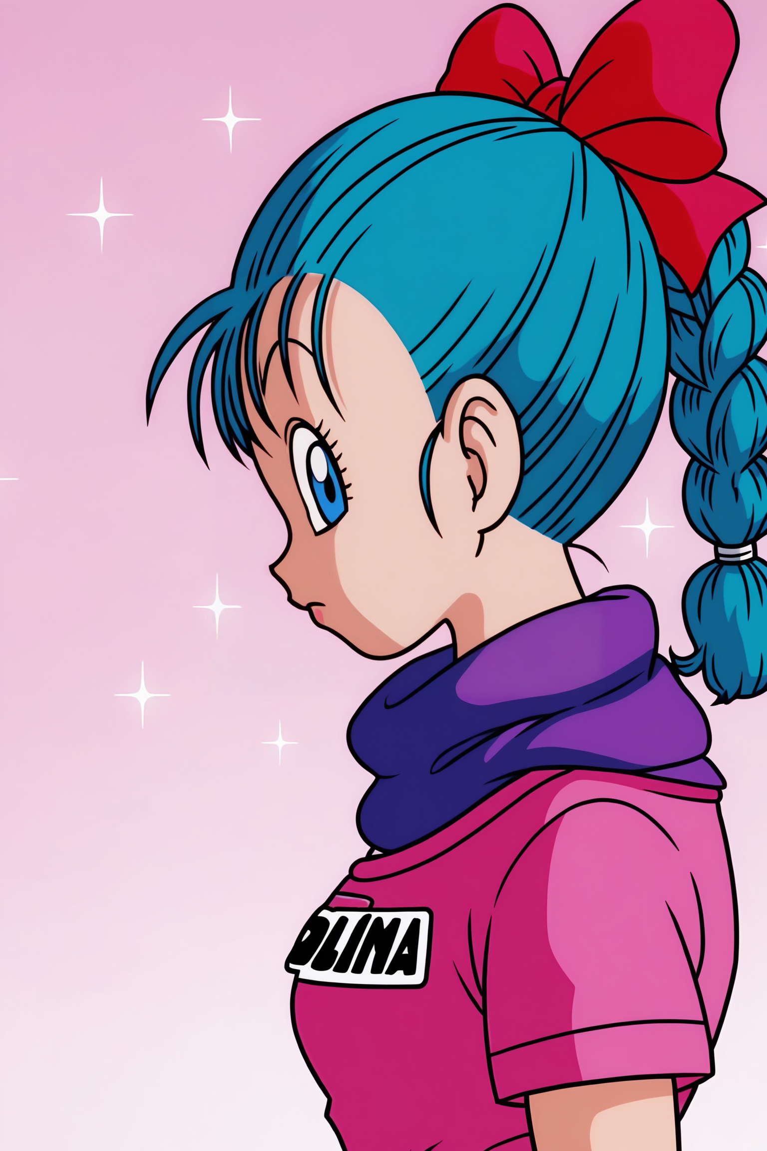 source_anime, score_9, score_8_up, score_7_up, anime screencap, absurdres,
bulma \(dragonball\), official style, 1girl, eyebrows, solo, from side, looking ahead, blue eyes, hair bow, aqua hair, hair ribbon, braid, simple background, sparkle background, profile, scarf, :o, character name, english text, single braid, pink dress, clothes writing, braided ponytail, purple scarf, upper body, eyelashes, print dress, looking at viewer, <lora:DB_Bulma_v1:0.8>