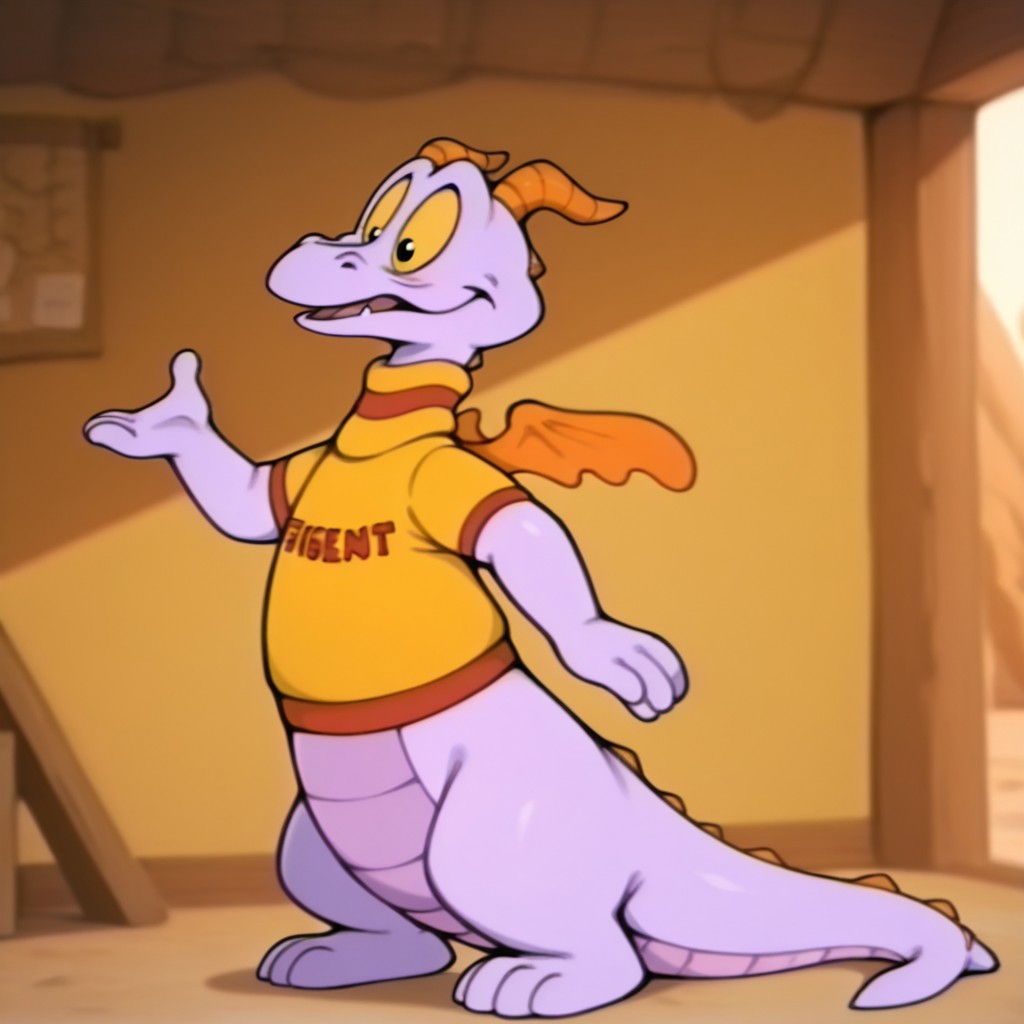 masterpiece, best quality, amazing quality, Figmentdrgnil, semi-anthro, dragon, purple skin, black eyes, yellow sclera, orange horns, orange wings, yellow shirt with red trim,  standing, inside, solo, full body