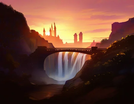 by carl newman, castle, bridge, mountains, waterfall, sunset, scenery, no-humans, masterpiece, best quality, newest, absurdres, highres