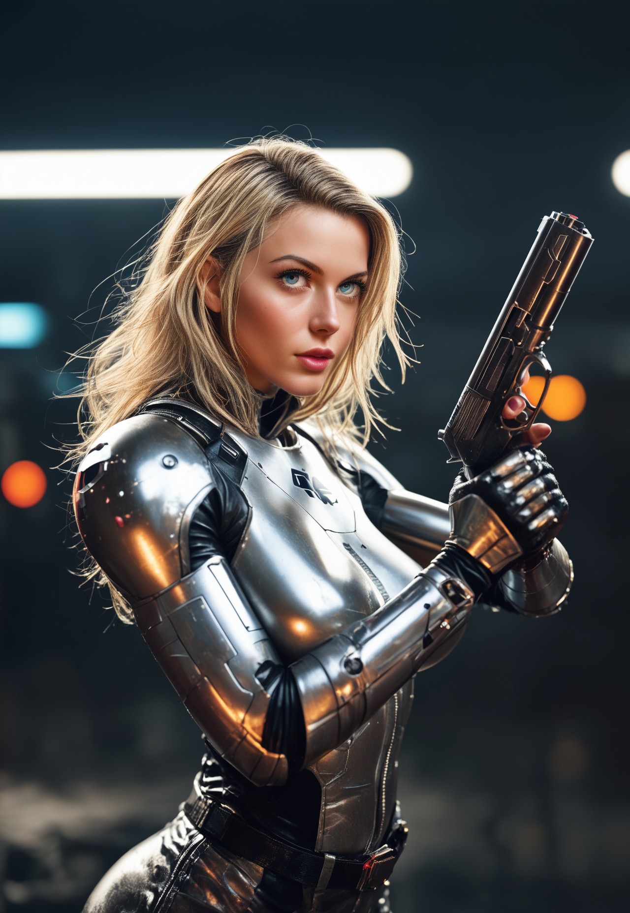 RAW photo, Hyper realistic, realistic photo, masterpiece, stunning, best quality, expression, a highly detailed, young beauty woman, ((style robocop))), steel modern armor, curvy body, highly detailed, blonde, dynamic angle, ultraHD
dynamic pose
BREAK
(((full-clothed))), ((long big pistol in hands, big handgun in hands)) 
cyberpunk city background
 (8k uhd:1,4)
 <lora:add-detail-xl:1>
 <lora:Dynamic Poses:1>
