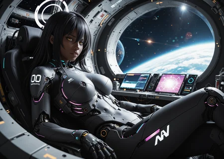 cyborg 1girl, angular, science fiction, futuristic, scenery, (karin \(blue archive\):1.0), sitting in space station, parted lips, mechanical torso, looking at viewer, black hair, yellow eyes, hair between eyes, dark skin, long hair, purple halo, creative angle, head tilt, (dutch angle, dynamic pose:0.9) BREAK masterpiece, best quality, absurdres, HDR, 8K, high contrast, film grain, cinematic lighting, realistic, depth of field, bokeh, neon trim, newest, aidmafluxpro1.1 <lora:- iLL - the_edgy_mech_V3.0:0.4> <lora:aidmaFLuxPro1.1-IL-v0.3:0.2> <lora:Hyper Helmets SDXL v1.0:0.5> <lora:CyborgMechExosuit_v1.5:0.7> <lora:ck-Sci-Fi-Concepts-IL-000015:0.15>âââ