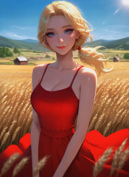 artist:, masterpiece, best quality, newest, very awa, absurdres, highres, dprd, 1girl, happy, smile, blonde hair, low ponytail, blue eyes, lips, red sundress, looking at viewer, daytime, village, wheat field, sunlight, blue sky, wind, hills far away, detailed, <lora:DeepRed-Style:1.0>