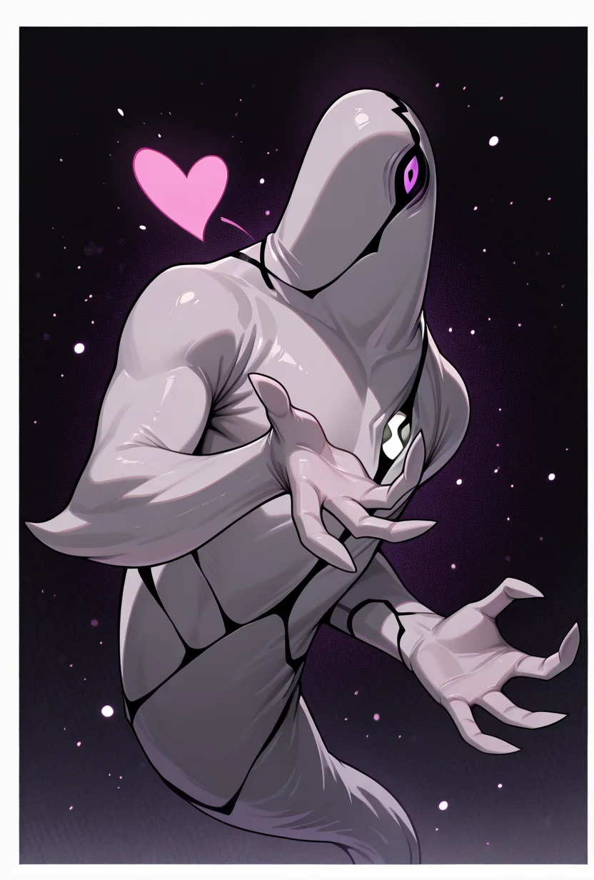 <lora:ghostfreak-07:1> ghostfreak, solo, no humans, purple eye, ghost, floating, particles, dynamic pose, upper body, claw pose, clawing hands,, big arms, leaning to side, zoomed in shot, <lora:FrierenBlowingKissMeme_illusXLNoobAI_Incrs_v1:1> blowing kiss, heart, puckered, masterpiece, best quality, amazing quality, very aesthetic, absurdres, newest,, upper body, halftone effect, white borders, abstract background:1.2,