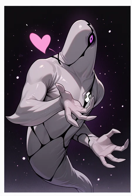 <lora:ghostfreak-07:1> ghostfreak, solo, no humans, purple eye, ghost, floating, particles, dynamic pose, upper body, claw pose, clawing hands,, big arms, leaning to side, zoomed in shot, <lora:FrierenBlowingKissMeme_illusXLNoobAI_Incrs_v1:1> blowing kiss, heart, puckered, masterpiece, best quality, amazing quality, very aesthetic, absurdres, newest,, upper body, halftone effect, white borders, abstract background:1.2,