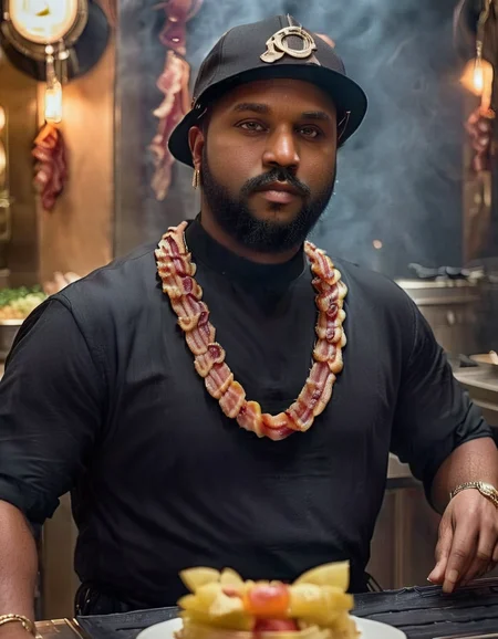 Food photography style jewelry, realistic, earrings, beard, facial hair, necklace, bacon, blurry background, looking at viewer, 1boy, male focus, black hair, dark skin, dark-skinned male, hat, mustache, upper body, dramatic cinematic light, professional fine detail, polished, complex, elegant, sharp, very coherent, intricate, detailed, extremely color
<lora:BaconXL-000009:1>, , <lora:FILM_PHOTOGRAPHY_STYLE:0.25> . Appetizing, professional, culinary, high-resolution, commercial, highly detailed