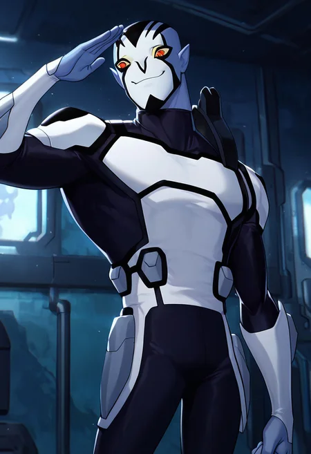 masterpiece, best quality, amazing quality, very aesthetic, absurdres, newest,
<lora:rook-10:1> rook, male focus, colored skin, alien, 1boy, yellow sclera, blue skin, white face, , red eyes, pointy ears, 
 black bodysuit, white armor, chin hair, facial hair, black beard
smile, salute, straight pose,