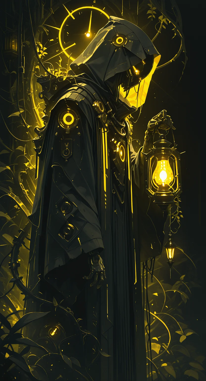 masterpiece, best quality, good quality, very awa, newest, highres, absurdres, solo, long sleeves, holding, standing, yellow eyes, hood, wide sleeves, from side, no humans, mask, glowing, plant, robot, 1other, cloak, glowing eyes, hood up, robe, lantern, lamp, joints, vines, hooded cloak, gears, non-humanoid robot, humanoid robot, light bulb, holding lantern, screw, hunched over, limited palette, h4ra_illu <lora:illustriousXL_stabilizer_v1.23:0.3> <lora:NOOB_vp1_detailer_by_volnovik_v1:0.3> <lora:ponyv6_noobE11_2_adamW-000017:0.3> <lora:114558v4df2fsdf5:0.6> <lora:XXX667:0.4> <lora:-_iLL_-_the_edgy_mech_V2.0-:0.8>