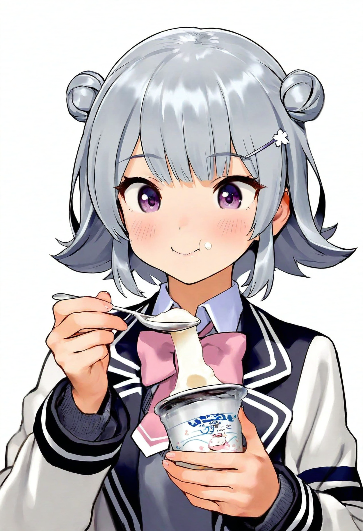 high definition, amazing quality, very aesthetic, best quality, masterpiece, highres, 
1girl, solo,
<lora:koharu_rikka_character_NoobAI_v2:1> koharu rikka, grey hair, short hair, double bun, purple eyes, 
smile, school uniform, upper body, eating yogurt, holding spoon,