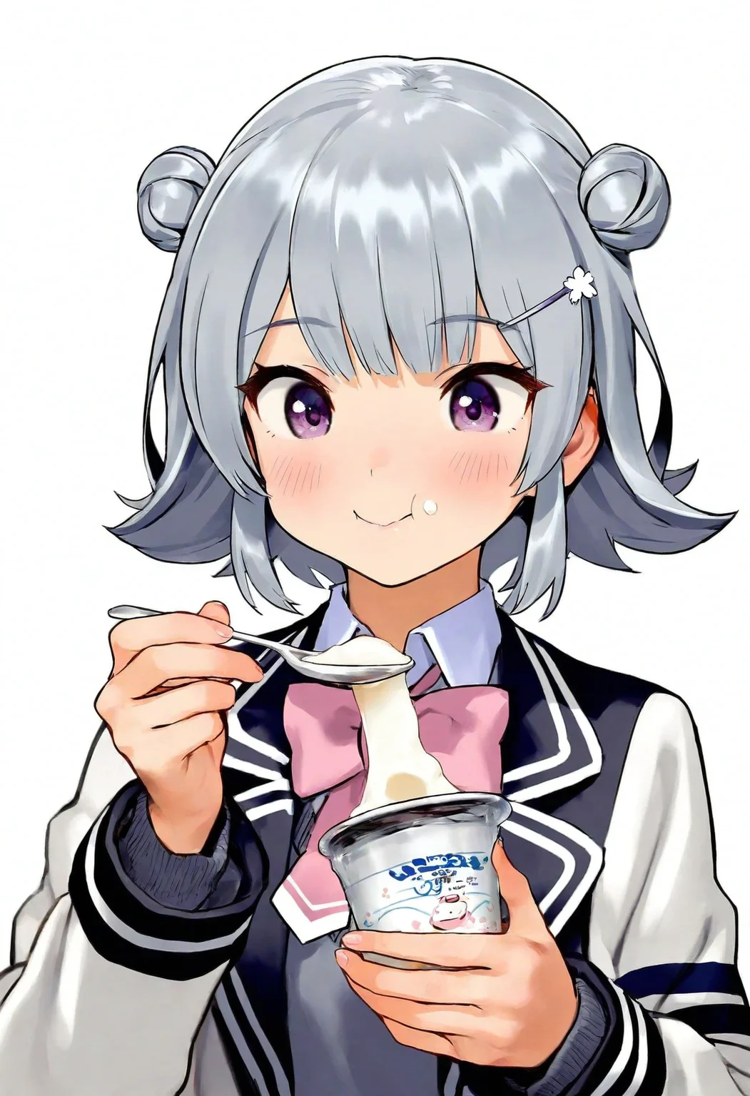 high definition, amazing quality, very aesthetic, best quality, masterpiece, highres,
1girl, solo,
<lora:koharu_rikka_character_NoobAI_v2:1> koharu rikka, grey hair, short hair, double bun, purple eyes,
smile, school uniform, upper body, eating yogurt, holding spoon,