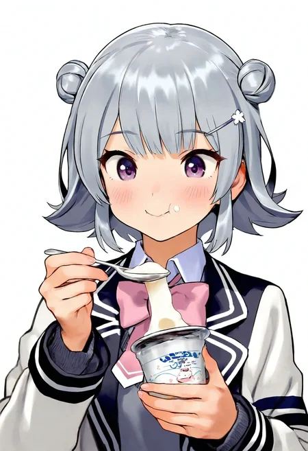 high definition, amazing quality, very aesthetic, best quality, masterpiece, highres, 
1girl, solo,
<lora:koharu_rikka_character_NoobAI_v2:1> koharu rikka, grey hair, short hair, double bun, purple eyes, 
smile, school uniform, upper body, eating yogurt, holding spoon,