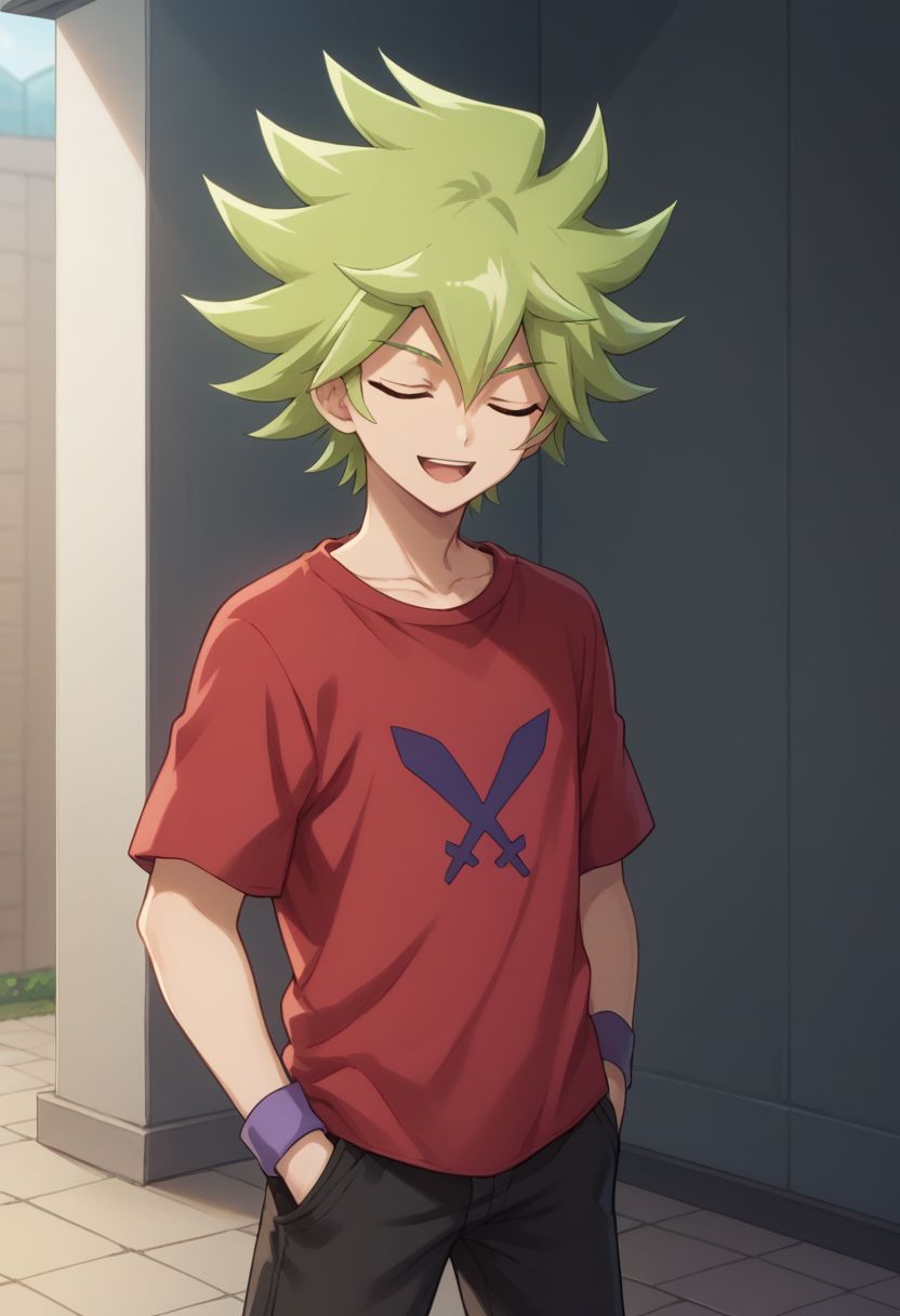 score_9, score_8_up, score_7_up, source_anime, 
roa, 1boy, male focus, solo, green hair, shirt, smile, open mouth, closed eyes, spiked hair, wristband, pants, hair between eyes, red shirt, bangs, t-shirt, short sleeves, hands in pockets,
outdoor,
