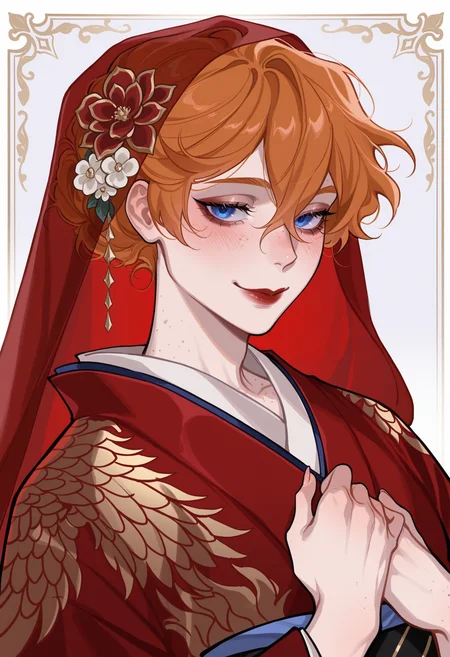 masterpiece,best quality,amazing quality,
1boy,freckles,blue eyes,orange hair,short hair,Tartaglia,blush,body freckles,portrait,smile,hands on own chest,red  kimono,layer clothing,gold pattern,(phoenix pattern:1.1),flowers hair,see-through,red veil in hair,red lips,
ornate border,
<lora:Valentaine-Illustrious:1>,v4l3nt4in3,