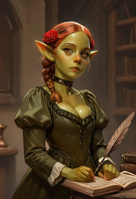 masterpiece, best quality, a 1girl, Marla, 20 year old, choker, dress, looking_at_viewer, rose, green_dress, colored_skin, freckles, young goblin, green_skin, 1girl, braid, solo, cleavage, flower, holding, book, juliet_sleeves, pointy_ears, quill, brown_eyes