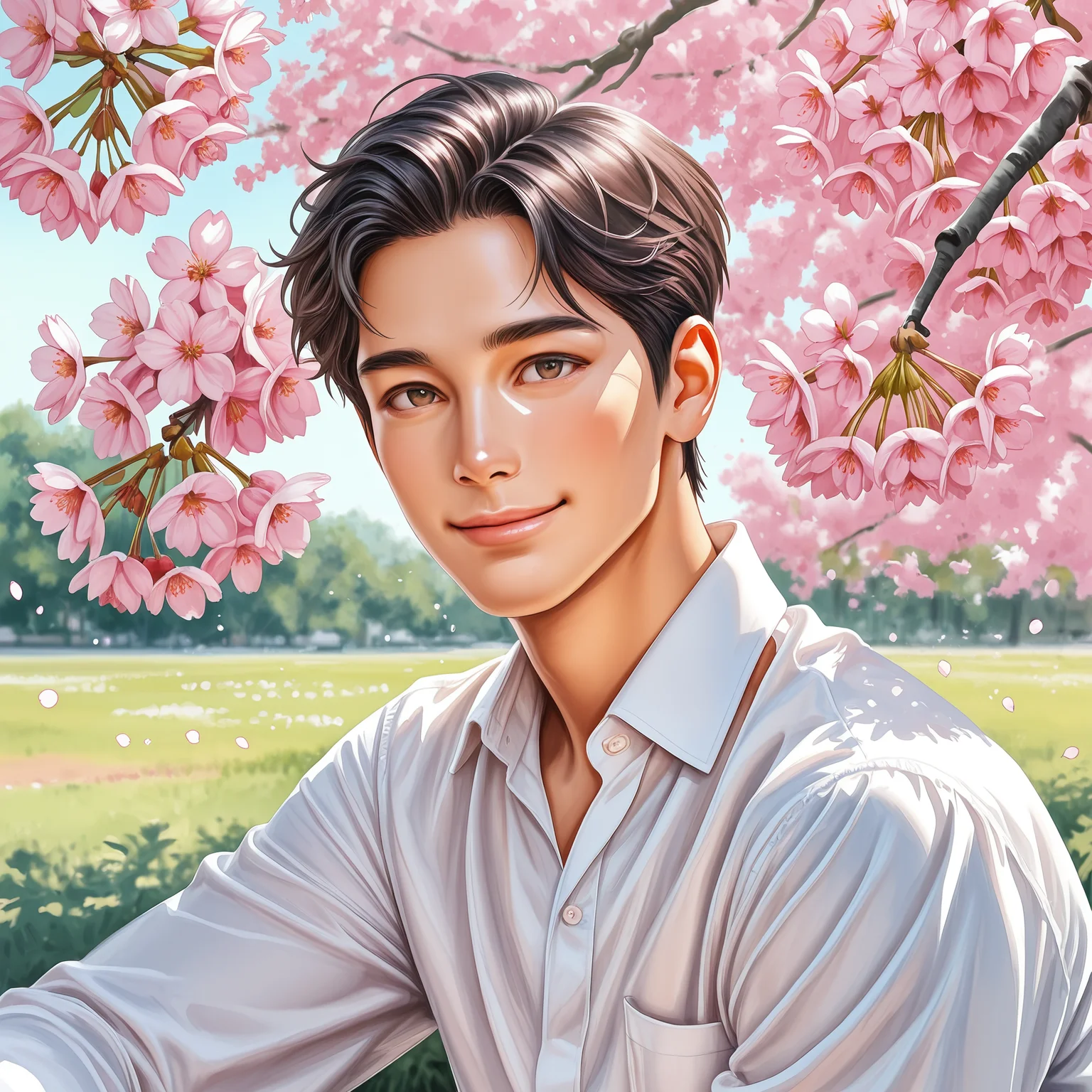 ten9erw4ter, solo, looking at viewer, smile, brown hair, shirt, black hair, 1boy, brown eyes, sitting, white shirt, upper body, flower, male focus, outdoors, day, collared shirt, cherry blossoms, pink flower, realistic, branch