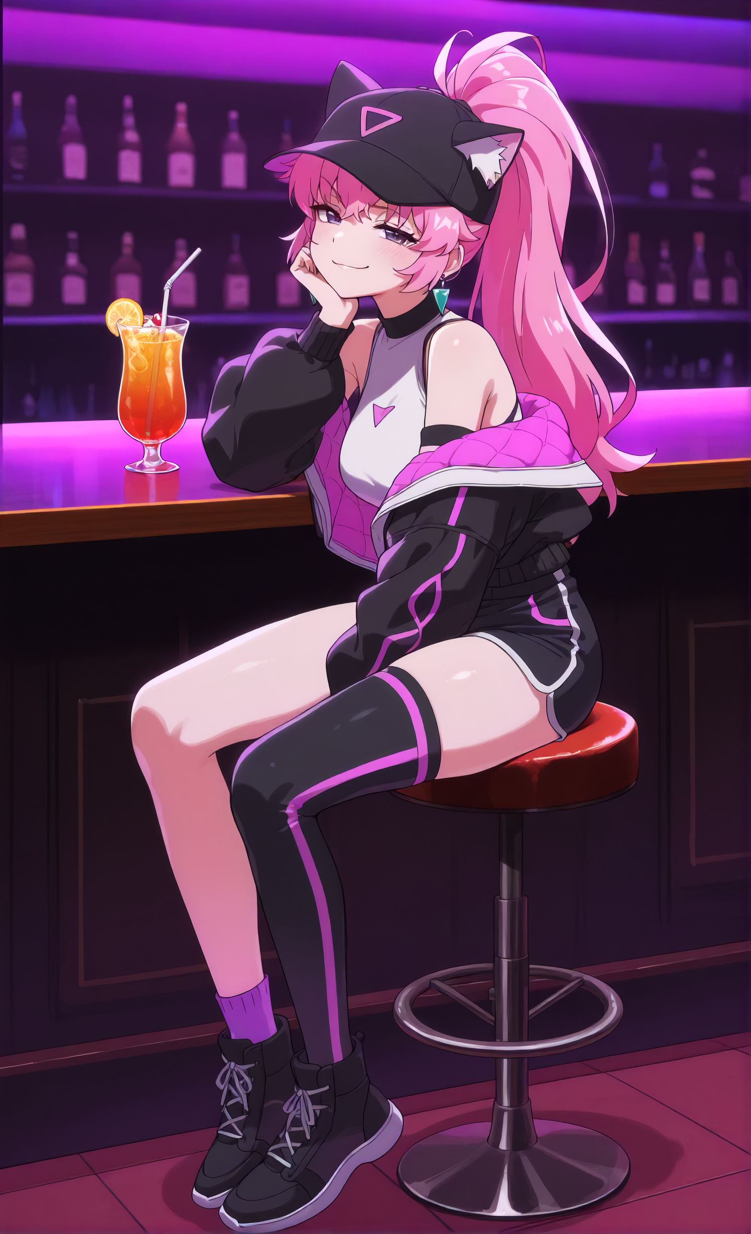 masterpiece, sharp detail, intricate detail, 1girl,  <lora:To be hero X - LoliX:0.8>, lolix \(to be hero x\), long hair, high ponytail, black baseball cap, animal ears cap, detached sleeves, bare shoulders, jacket, earrings, single thighhigh, pants, asymmetrical legwear, full body, looking at viewer, bar \(place\), bar stool, sitting,  head rest, smirk, smile,  half-closed eyes,  drinking straw,