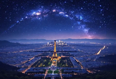 beautiful city in the night sky with Eiffel tower in her center, stars, realistic style, dreamy, fantasy. The photo depicts a beautiful city under the night sky filled with stars. The scene seems dreamy and fantastical, 8K, ultrarealistic
