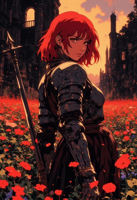full body shot, masterpiece, best quality, 1girl, extremely beautiful, medium large breasts, slender body, curvy, wearing nordic clothes, mystic jewelry, model pose, perfect composition, ((Simple Empty Plain black hypnotic aura chaos Background)), seductive smirk, cute, very pretty, sexy, subtle, simple, close up, female, girl in armor, short red hair, tired, around a field of flowers, sunset, ruins