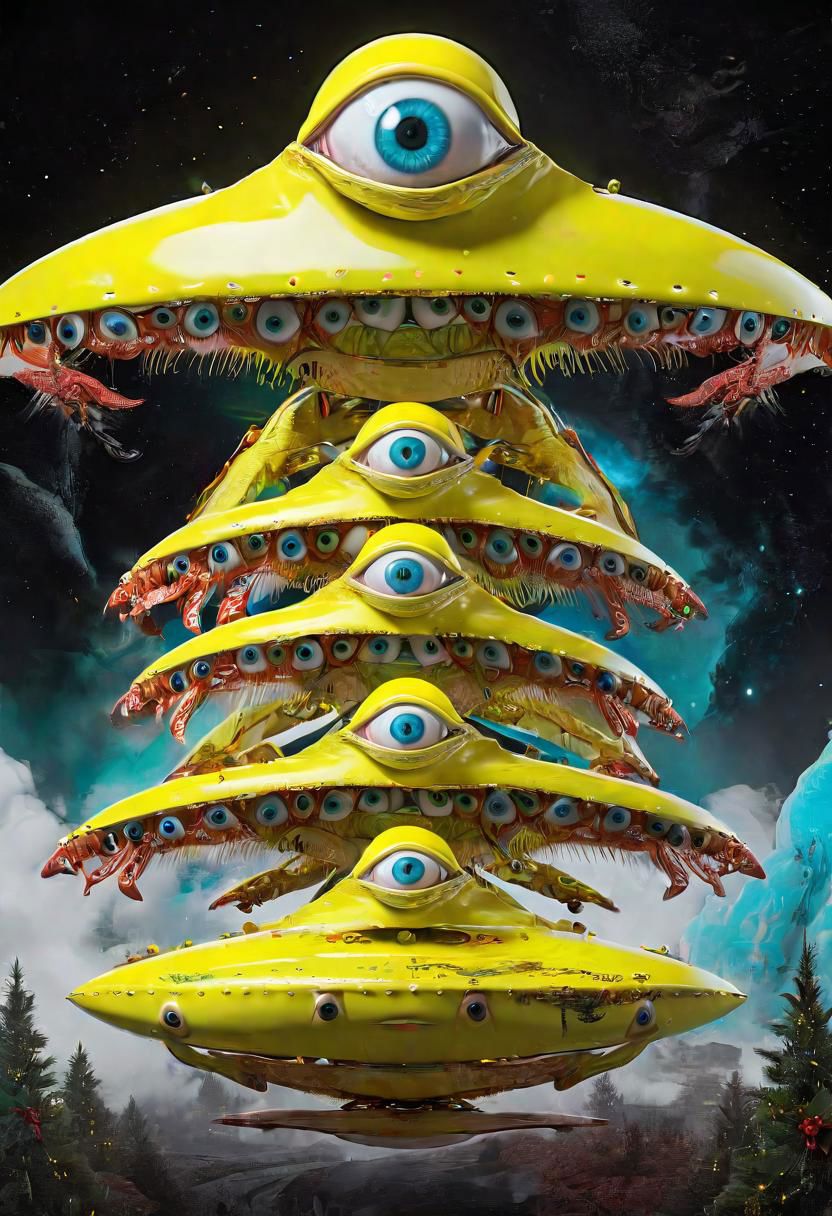 seraphins, mystical creature with hundreds of eyes and wings, roswell alien with yellow christmas hat, delivering presents with santa riding a ufo sleigh, intricate complexity, surreal horror, inverted neon yellow drip paint, photoreal