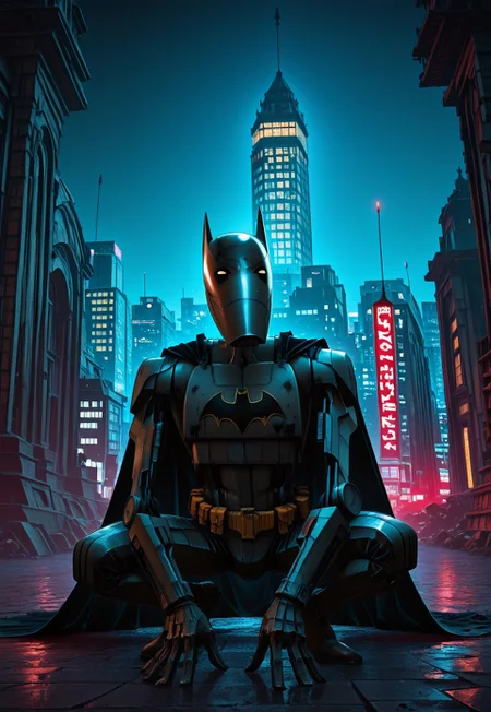 Masterpiece, absurdres, highest quality, highly detailed, newest, 8k, very aesthetic, 1boy, solo, closeup, b1bd, cl4nker, batman mask, batman cape, batman utility belt yelow batman symbol on chest, squatting on top of a gothic tower, gotham city background, skyscrapers, detailed background, night, gritty background, grimdark lighting, dynamic angle