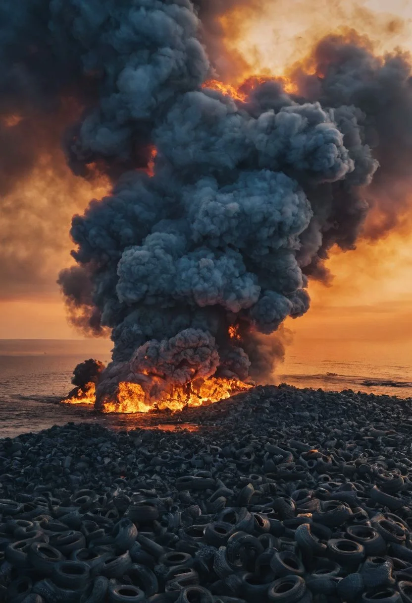 Aerial View, a burning floating pile of tires in flames on the wide open sea, wide angle shot, national geographic award winning masterpiece, a huge pitch-black towering toxic cloud of smoke darkening the vibrant blue sky, very detailed, deep blacks, dense atmospheric haze, black fog, bleaked, moody. 
during a beautiful sunrise, very detailed, raw photo, a blue sunset landscape, photorealistic, high detailed texture, 8k uhd, dslr, soft lighting, high quality, film grain, highly detailed photography, Film grain, cinematic film still, shallow depth of field, atmospheric lighting,