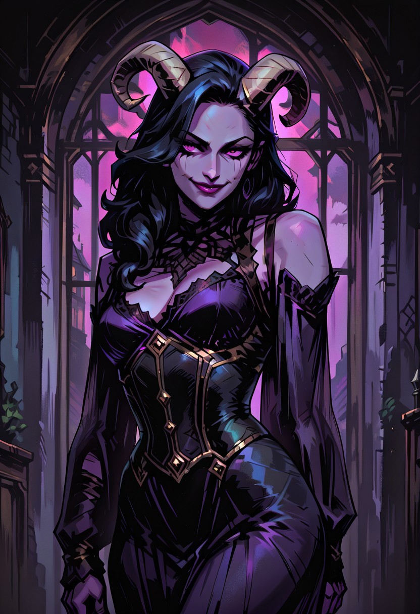 masterpiece, best quality, newest, absurdres, highres, TTCSV1.0, 1girl, purple skin, purple colored skin, black hair, long hair, curly hair, horns, demon horns, demon girl, dress, long hair, mature woman, seductive, seductive smile, medium brests, medival, medival clothes, corset, pink eyes,