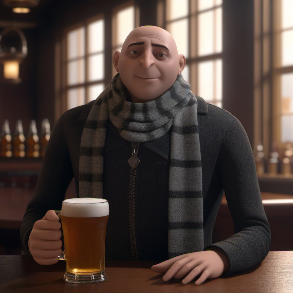 professional 3d model a full body portrait bald man, scarf, having a beer in a pub  <lora:Gru1024:0.8> . octane render, highly detailed, volumetric, dramatic lighting