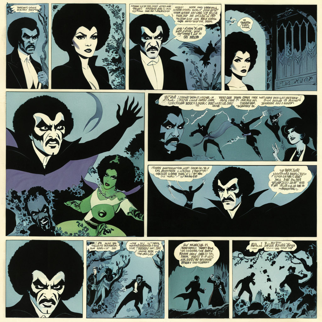 comic book art of  <lora:comicbookpage style:0.9> comicbookpage style
 <lora:xl_more_art-full_v1:0.5>
 <lora:add-detail-xl:1>
 <lora:detailed:0.3>
<lora:perfection style:0.3>
a cartoon comic book strip page of
 <lora:Blacula style:1>Blacula , comic art, graphic novel illustration